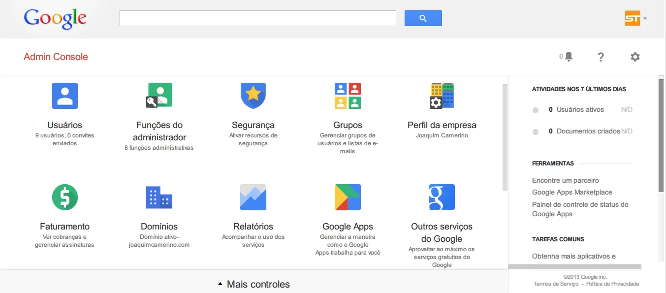 painel de controle Google