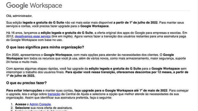 Google anuncia fim do G Suite gratuito